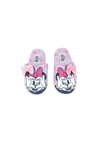 Pantofole di peluche rosa con un design di Minnie Mouse bianco e nero, dotate di un fiocco a pois rosa e una texture di tessuto morbido.