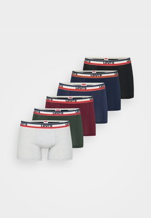 Pakke med seks par Levi's herrebokser. Indeholder forskellige farver: grå, grøn, bourgogne, marineblå, sort og rød-stribet talje.