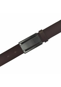 Brauner Leder Gürtel mit einer eleganten silbernen Metallschnalle in rechteckiger Form. Der Gürtel verfügt über mehrere Anpassungslochungen entlang seiner Länge.
