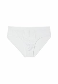 Bílé bavlněné kalhotky s hladkou strukturou, elastickým pasem a tvarovaným předním dílem. Klasický střih bez viditelných vzorů nebo akcentů.
