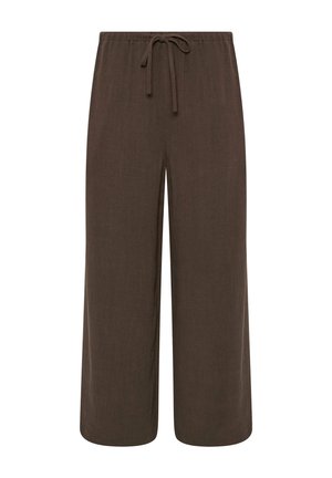 Pantalones anchos de pierna ancha en marrón oscuro con cinturilla elástica y cordón delantero, hechos de tela suave y texturizada.