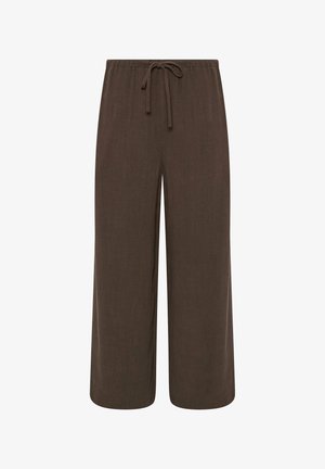 Dark brown wide-leg pants with elastic waistband and front drawstring, made of soft textured fabric.
