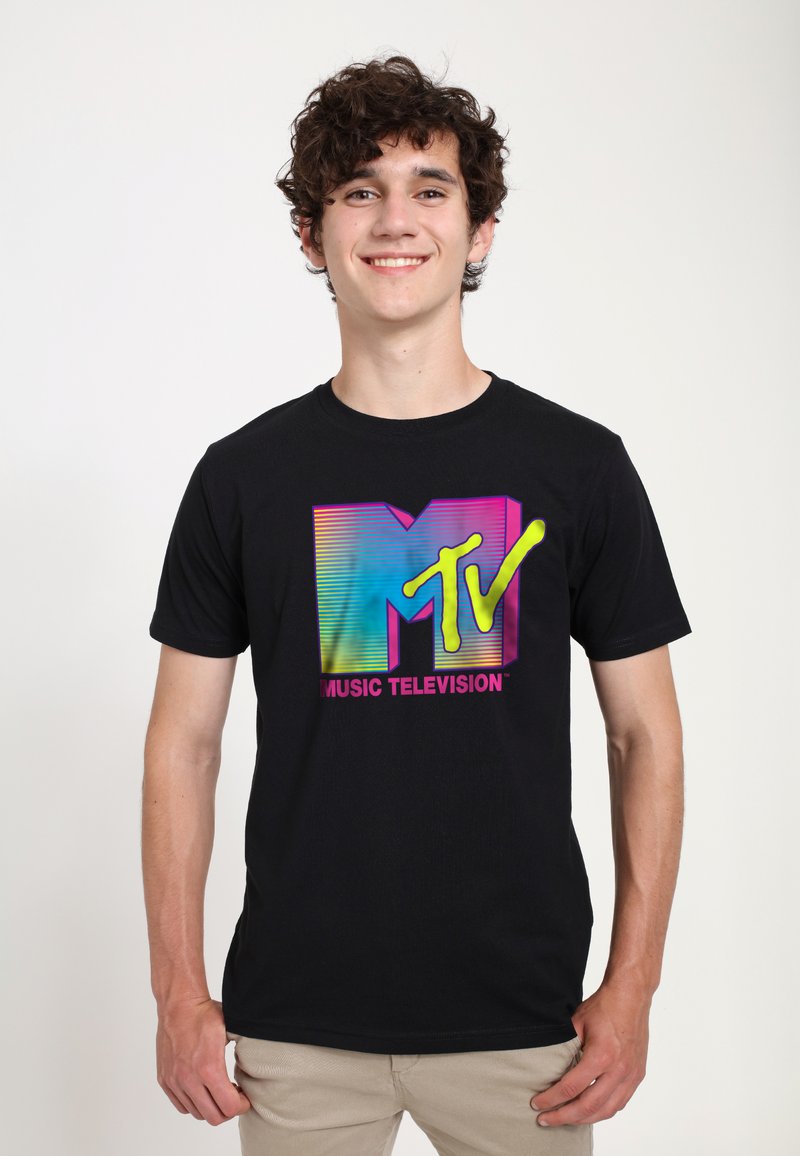 Black cotton t-shirt featuring a colorful retro MTV logo with stripes and yellow accents. The design is centered on the front.