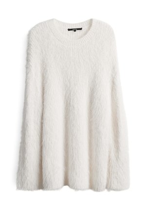 Maglione bianco in peluche con scollo rotondo e vestibilità ampia e drappeggiata. La trama è morbida e soffice, aumentando il calore e il comfort.