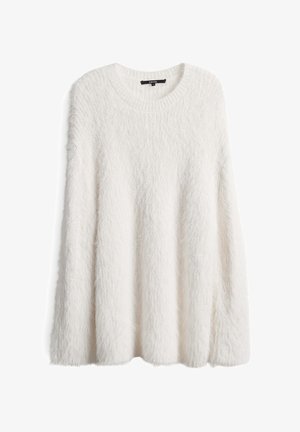 Pull blanc en peluche avec un col rond et une coupe ample et drapée. La texture est douce et moelleuse, ce qui apporte chaleur et confort.