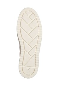 Semelle d'une chaussure, en matériau caoutchouteux, de couleur blanche, texturée avec des motifs en zigzag, bords arrondis, indicateur de taille "37" près du talon.