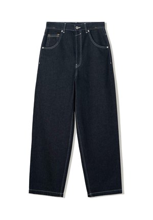 Mørke indigo straight-leg jeans med hvide kontrastsømme, fem-lomme-design og metalknaplukning ved taljen.