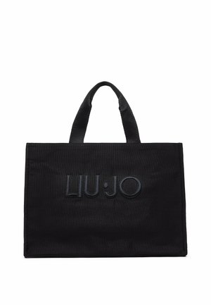 Borsa tote rettangolare nera con manici corti e logo LIU·JO in rilievo al centro del pannello frontale.