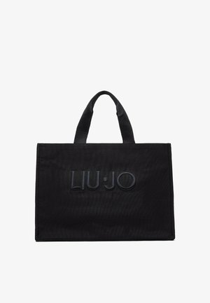 Borsa tote rettangolare nera con manici corti e logo LIU·JO in rilievo al centro del pannello frontale.