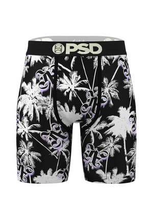 Schwarze Boxer-Shorts mit weißem Palmenmuster und lila Akzentdetails. Hergestellt aus atmungsaktivem Stoff mit einem schwarzen Bund.