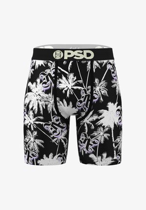 Black boxer briefs featuring a white palm tree pattern and purple accent details. Made from breathable fabric with a black waistband.