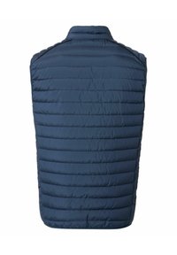 Laivansininen, pehmustettu ilman hihoja oleva liivi, jossa on vaakasaumat, seisova kaulus ja sileä pinta. Ei näkyviä metalliosia tai koristeita.