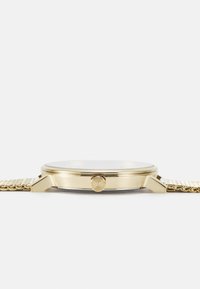 Goldfarbene Uhr mit einem glatten runden Gehäuse, einer einzigen Krone und einem strukturierten Metallarmband mit Gliedern. Flache Kristalloberfläche; minimalistisches Design.