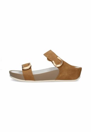 Sandalo zeppa marrone con punta aperta, due cinturini regolabili con fibbie rotonde dorate e suola imbottita.