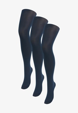 Opaknavy sukkpüksid siledast materjalist, täisjalad ja tugevdatud varvas. Kolm paari kuvatakse erinevates asendites.