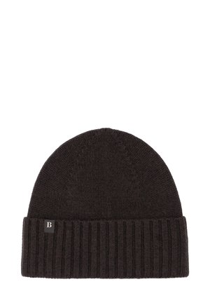 Dark brown knit beanie with a ribbed brim and subtle texture. Features a small, rectangular brand label on the front.