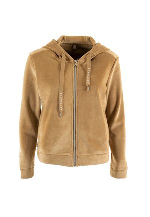 Tan corduroy rits hoodie met een trekkoordkap, ribbelmanchetten en een zachte textuur. Duidelijke branding op de trekkoorden.