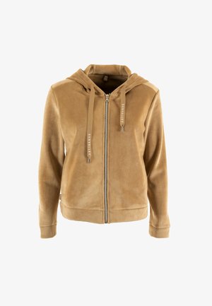 Sudadera con cremallera de pana en color marrón, que incluye capucha con cordón ajustable, puños acanalados y una textura suave. Marca claramente visible en los cordones.