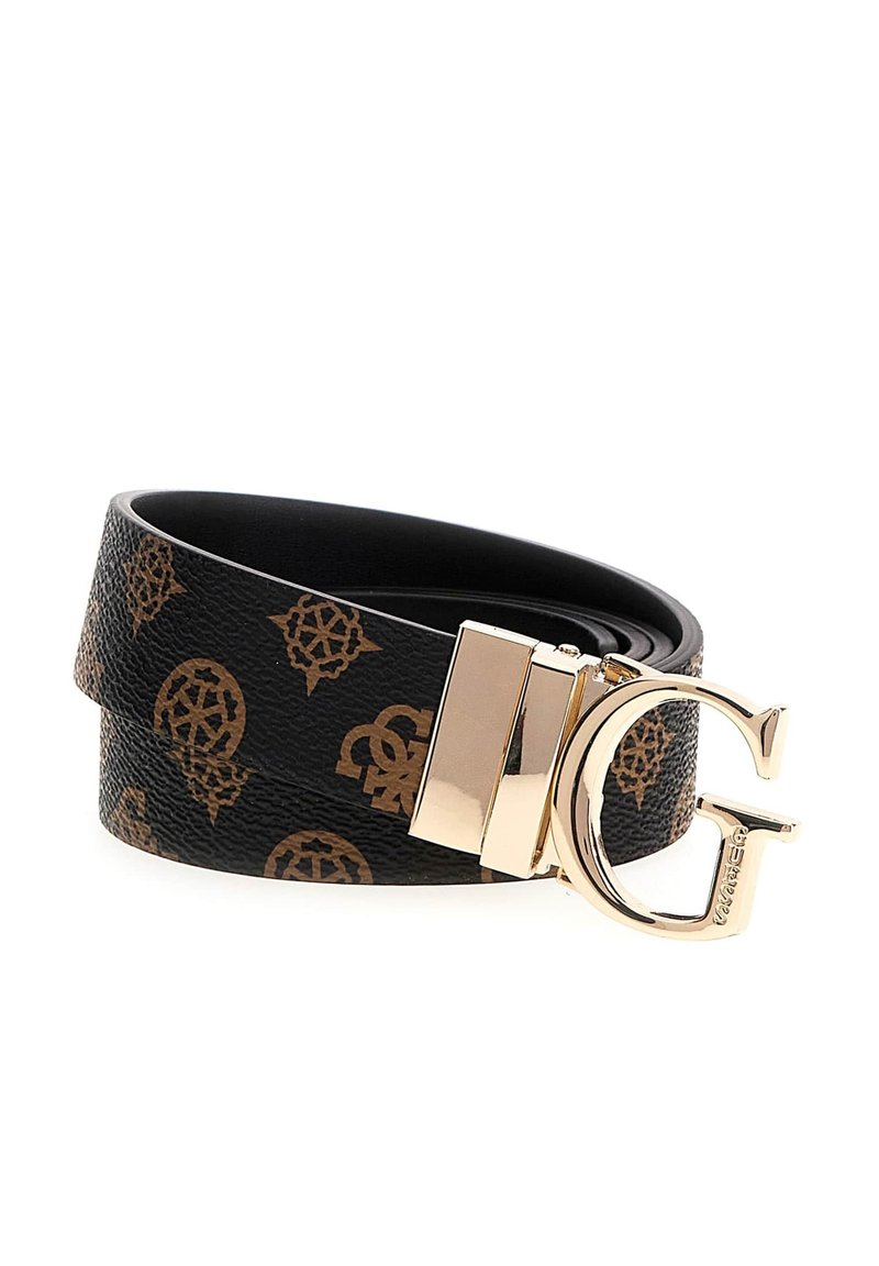 Cintura in pelle nera con un motivo logo marrone, una fibbia dorata con una 'G' stilizzata e una texture liscia.