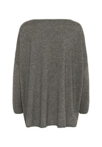 Oversized gray sweater with a loose fit, wide neckline, and long sleeves. Made from soft, textured knit fabric.