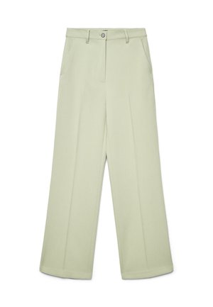 Pantalon large taille haute vert clair avec passants de ceinture, bouton à l'avant, fermeture éclair et poches latérales.