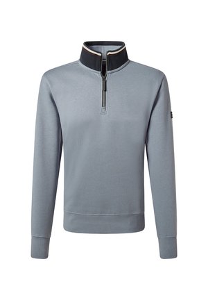 Felpa grigia chiara con colletto a zip quarti. Presenta un bordo del colletto nero e polsini a costine. Texture morbida; design snello.