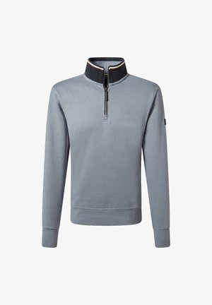 Felpa grigia chiara con colletto a zip quarti. Presenta un bordo del colletto nero e polsini a costine. Texture morbida; design snello.