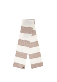 Dziany szalik z naprzemiennymi beżowymi i kremowymi paskami. Prostokątny kształt, miękka faktura oraz małe logo na jednym końcu.
