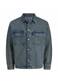 Denim jakna tamnoplave boje s dva džepa na grudima, zatvaranje na dugmadi i klasični ovratnik. Teksturalna tkanina s blagim izblijedjelim izgledom.