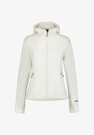 Valkoinen hupullinen takki, valmistettu pehmeästä, joustavasta materiaalista. Siinä on edessä vetoketju, sivutaskut ja joustavat hihansuut. Yksinkertainen, selkeä muotoilu.