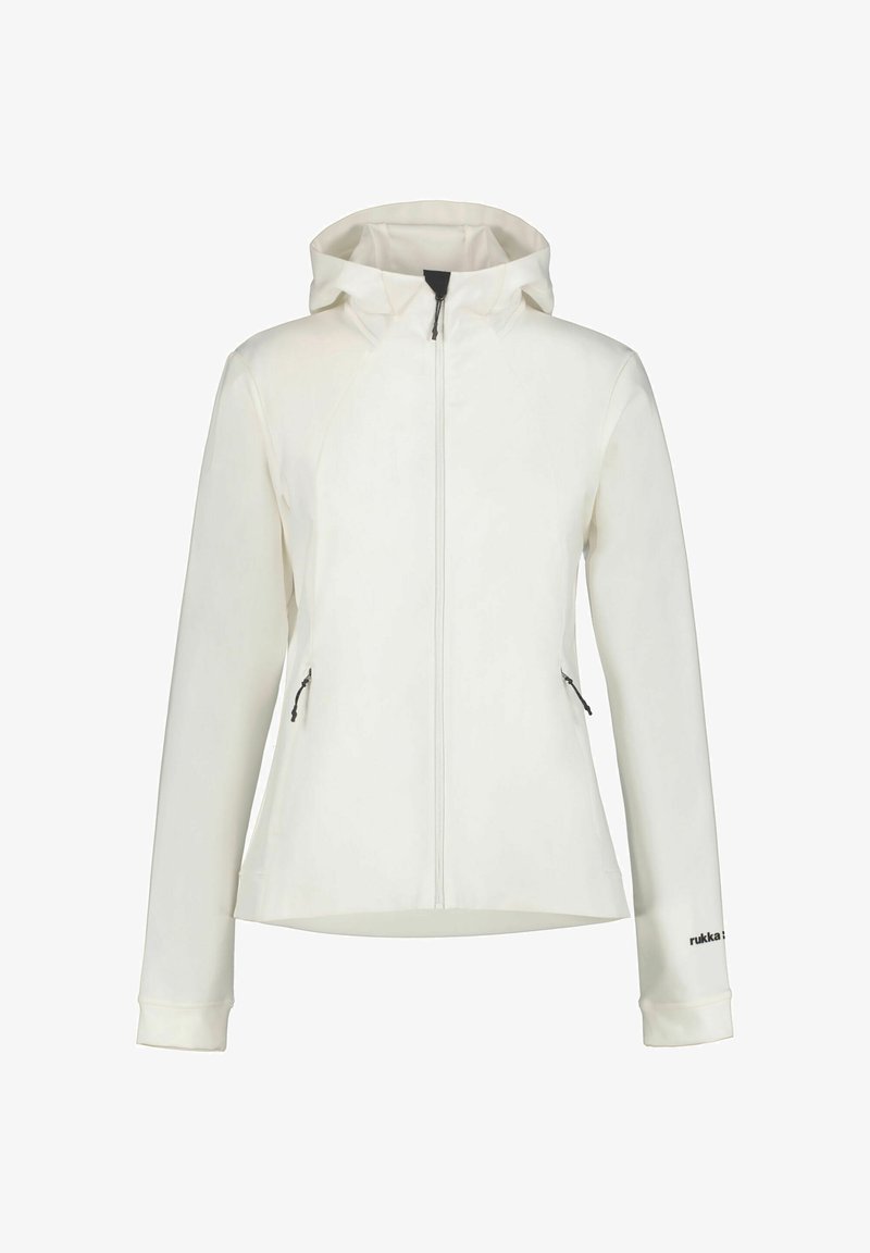 Biała kurtka z kapturem wykonana z miękkiego, elastycznego materiału. Posiada przedni zamek błyskawiczny, boczne kieszenie oraz elastyczne mankiety. Prosty, czysty design.