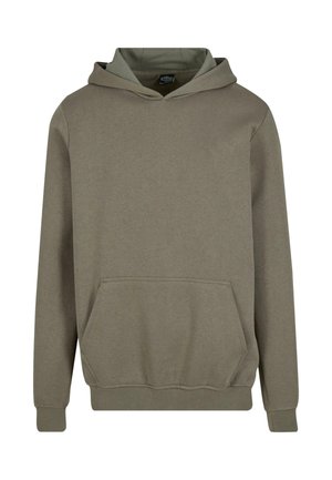 Olive green hoodie made of soft fabric, featuring a kangaroo pocket, adjustable drawstring hood, and ribbed cuffs and hem.