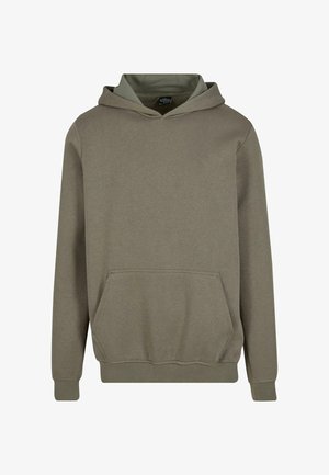 Huppari oliivinvihreää pehmeää kangasta, jossa on kenguru-tasku, säädettävä nyöri-hatut ja ribbireunat hihoissa ja helmassa.