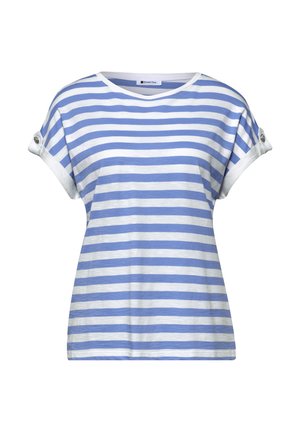 Overhemd met korte mouwen met horizontale blauwe en witte strepen, opgerolde manchetten met knopen en een ronde halslijn.