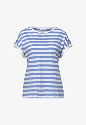 Kurzärmliges Hemd mit horizontalen blauen und weißen Streifen, aufgerollten Manschetten mit Knöpfen und rundem Ausschnitt.