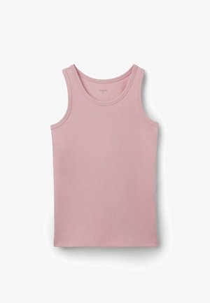 Helles rosa Tanktop mit runder Ausschnittform, ärmellosem Design und weichem, glattem Stoff. Verfügbar mit geradem Saum und ohne zusätzliche Muster.