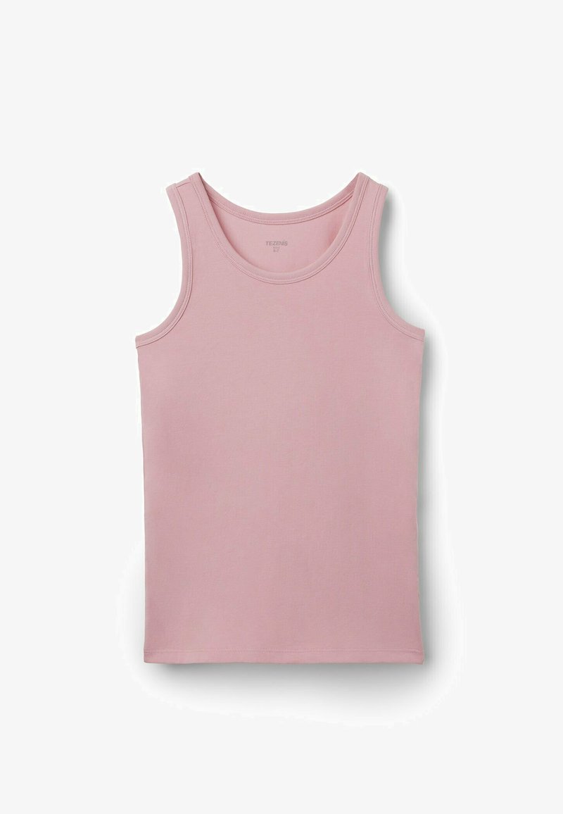 Jasnoróżowy top na ramiączkach z okrągłym dekoltem, bez rękawów i miękkim, gładkim materiałem. Posiada prosty dół i brak dodatkowych wzorów.