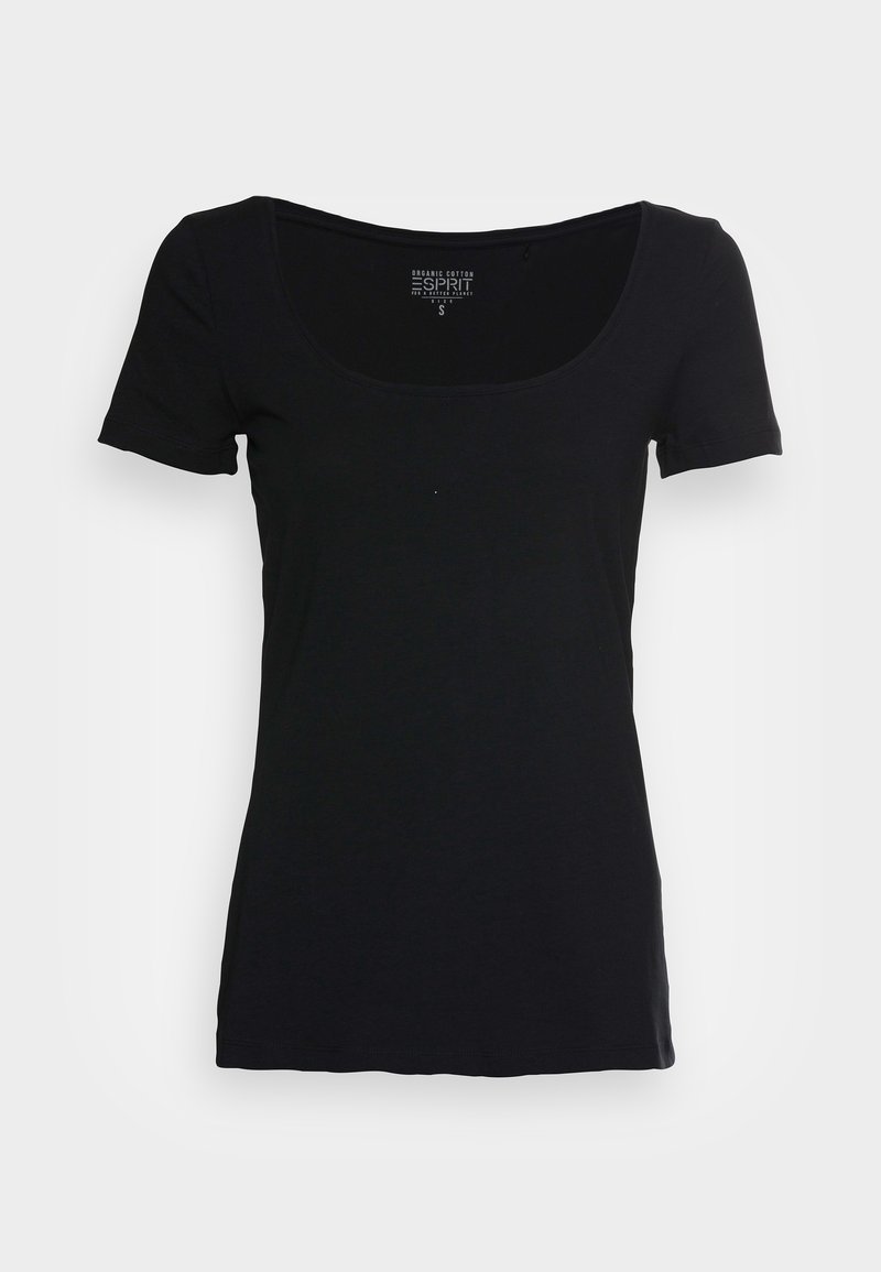 T-shirt noir cintré à manches courtes avec encolure ronde, en coton biologique, taille petite, présenté sur fond blanc.