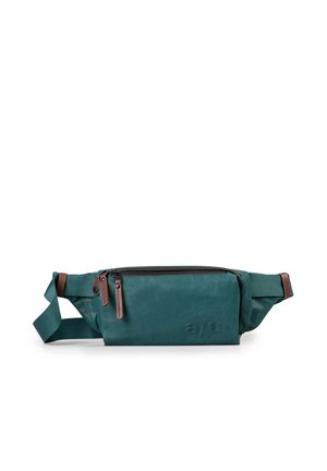 Teal heuptas met verstelbare riem, voorvak met rits en geperst "a/u" logo op een glad leren oppervlak.