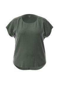 Dark green short-sleeve t-shirt made of ribbed fabric. Rounded neckline and a relaxed fit with side slits at the hem for ease of movement.