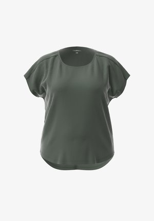 Donkergroene T-shirt met korte mouwen, gemaakt van ribbelstof. Rond de halslijn en een ontspannen pasvorm met zijsplitsen aan de zoom voor extra bewegingsvrijheid.