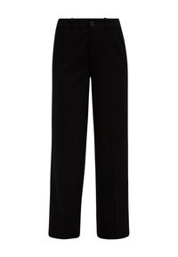 Pantalon noir à jambes droites avec fermeture par bouton et zip, passants de ceinture et poches latérales.