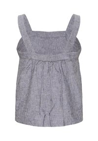 Szara lniana bluzka bez rękawów z szerokimi ramiączkami, marszczeniem w talii i luźnym krojem. Gładka tekstura, subtelny wzór tkany.