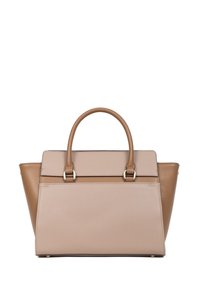 Skórzana torebka w odcieniach brązu i beżu o ustrukturyzowanej formie, z górnymi uchwytami i złotymi okuciami. Widoczne są gładkie i chropowate faktury.