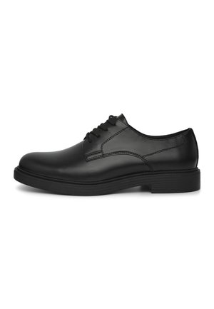 Scarpa elegante da uomo in pelle nera con lacci, punta arrotondata e tacco basso, vista di profilo su sfondo bianco.