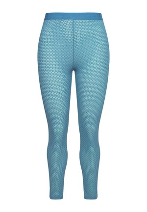 Jasnoniebieskie legginsy z teksturowanym wzorem diamentów, średnim stanem w pasie oraz dopasowanym krojem, który zwęża się w okolicach kostek.