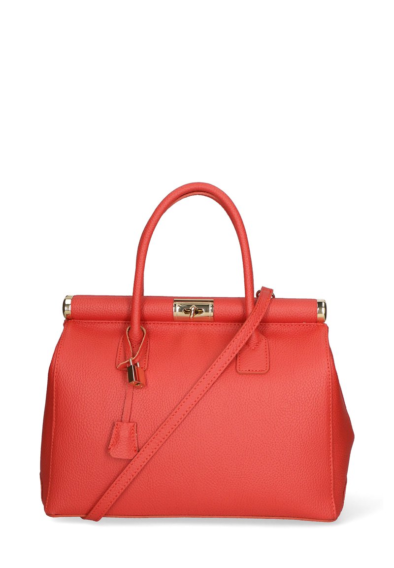 Borsa a tracolla in pelle rossa con forma strutturata, manici superiori doppi, tracolla removibile e accessori in metallo dorato.