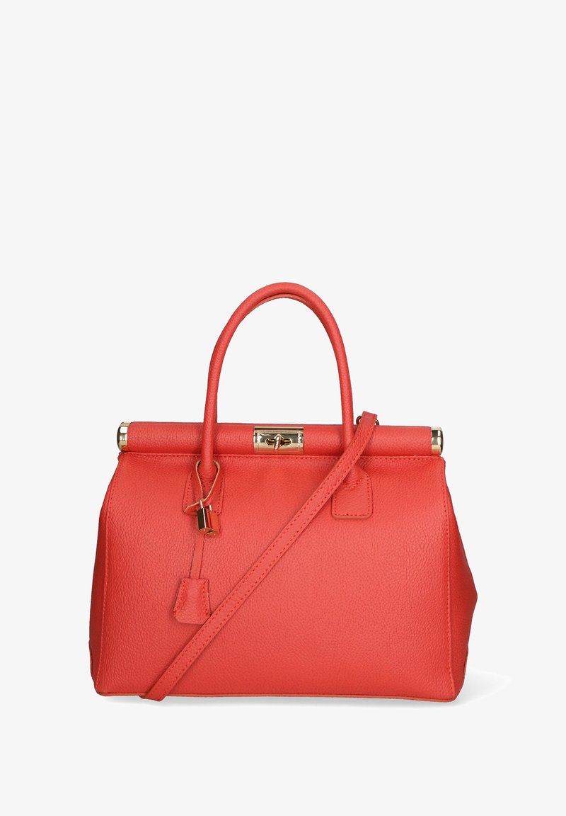 Rode leren handtas met een gestructureerde vorm, dubbele bovenhandvaten, een afneembare schouderriem en accenten van goudkleurig hardware.