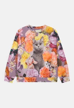 Ilustracja szarego kota otoczonego kolorowymi kwiatami na fioletowym tle. Bluza z długim rękawem i okrągłym dekoltem.