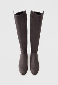 Par de botas altas de camurça cinza escuro com pontas apontadas e fechos laterais, vistas de cima sobre um fundo claro.